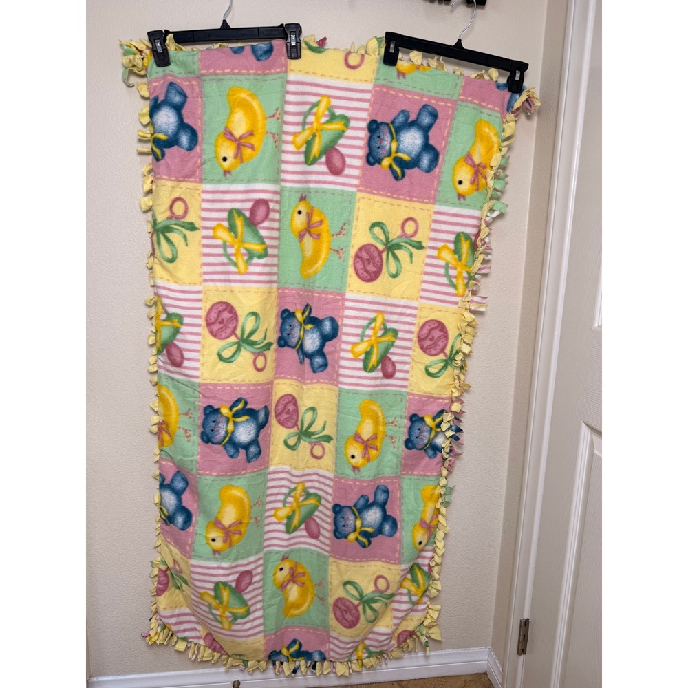 Handmade Fleece Tie Blanket Baby Duck Teddy Bear Pink Yellow Blue 56x32 Throw